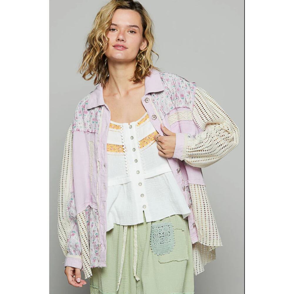 POL Patchwork Oversized Frayed Edge Shacket in Lavender Size S